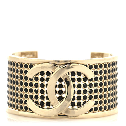 Chanel Metal Crystal CC Cuff Bracelet M Black Gold 1 of 4