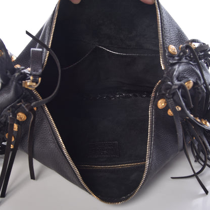 Valentino Garavani Grained Calfskin C-Rockee Fringe Hobo Black 5 of 19