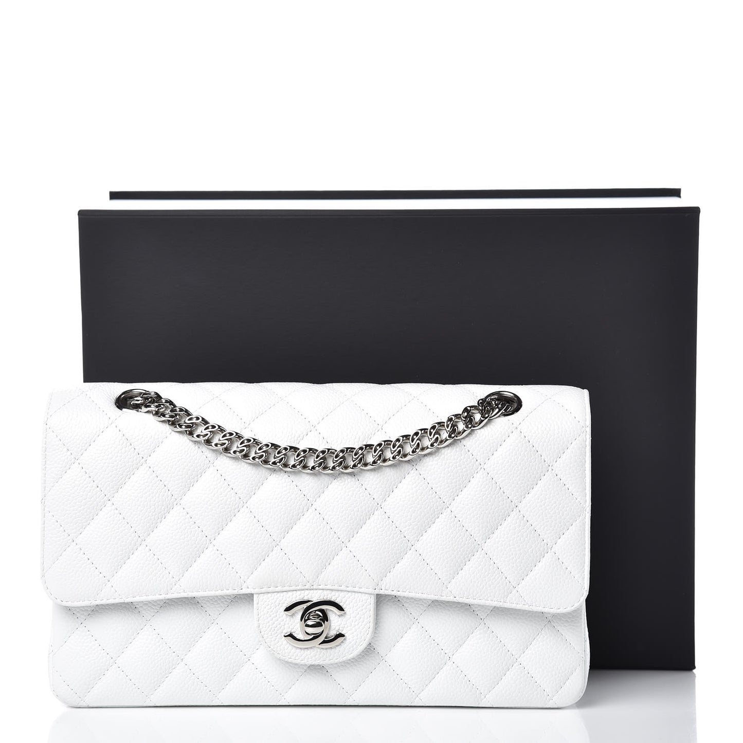 Caviar Quilted Medium Double Flap Bijoux Chain White