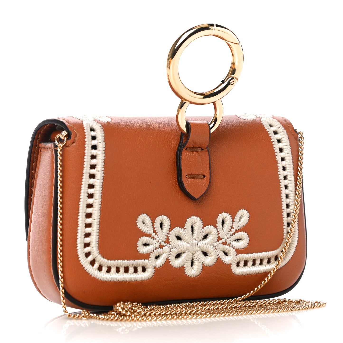 Shiny Nappa Vitello King Floral Ajour Embroidered Nano Baguette Charm Brandy
