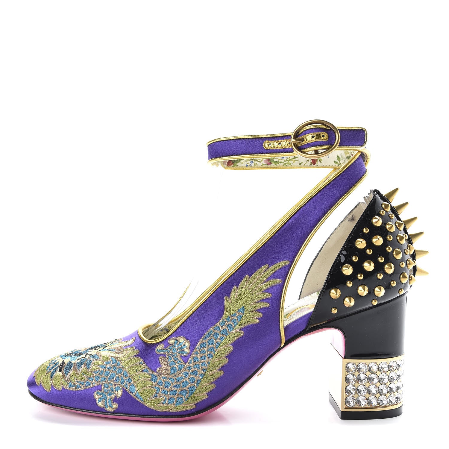 Gucci Satin Embroidered Dragon Caspar Pumps 37 Purple Oro Vecchio Black 1 of 12