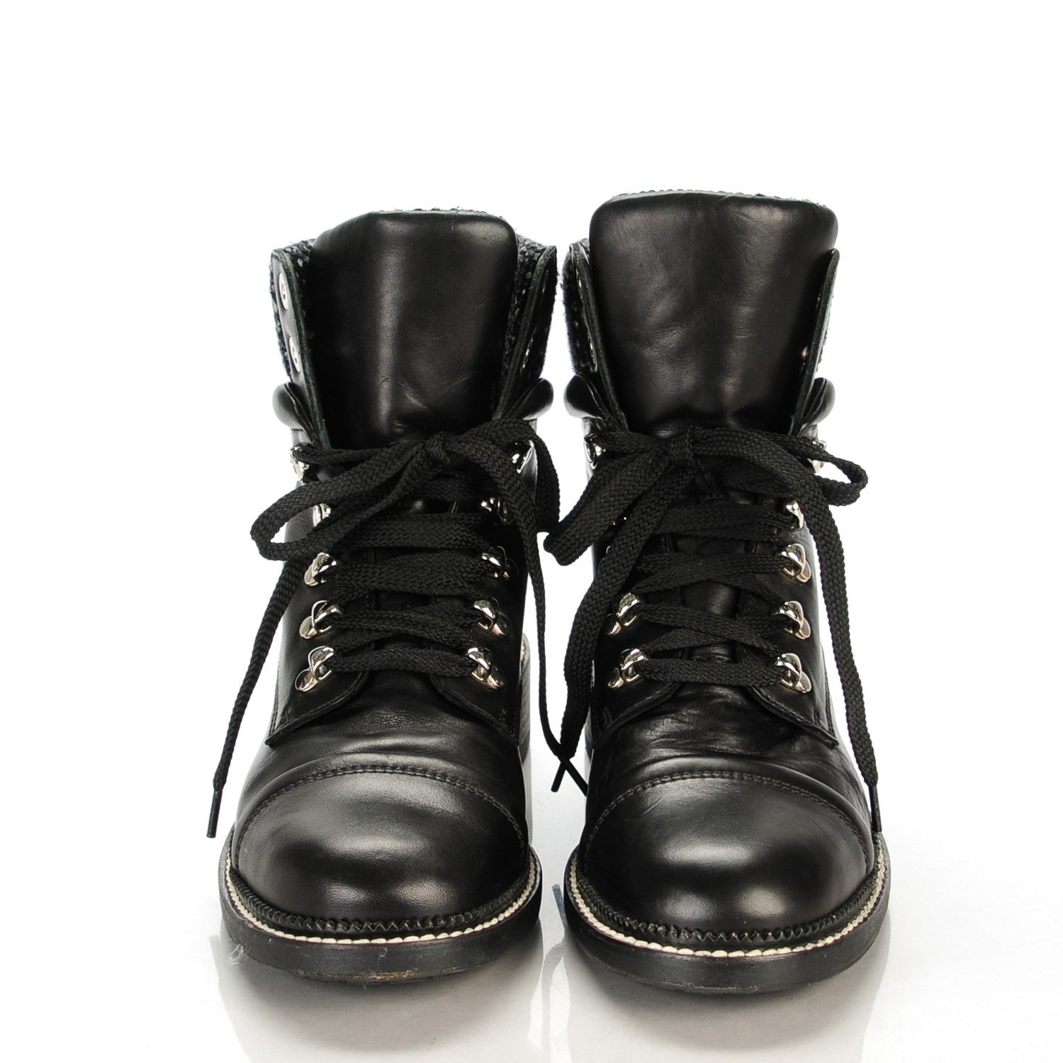 Chanel Calfskin Wool Combat Boots 39 Black 2 of 7