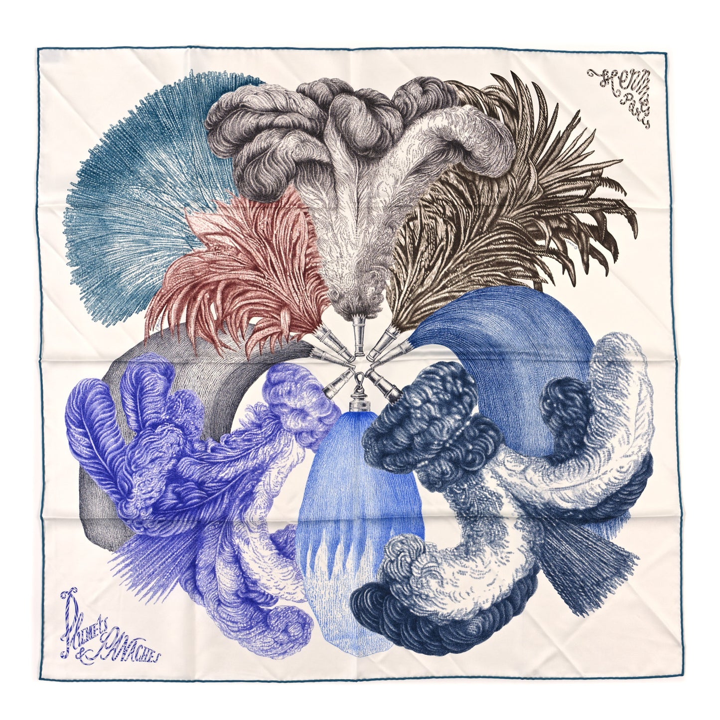 Silk Plumets Et Panaches Scarf 90 White Bleu Brun