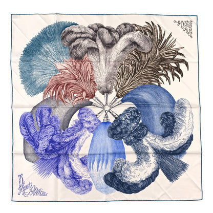 Hermes Silk Plumets Et Panaches Scarf 90 White Bleu Brun 1 of 3