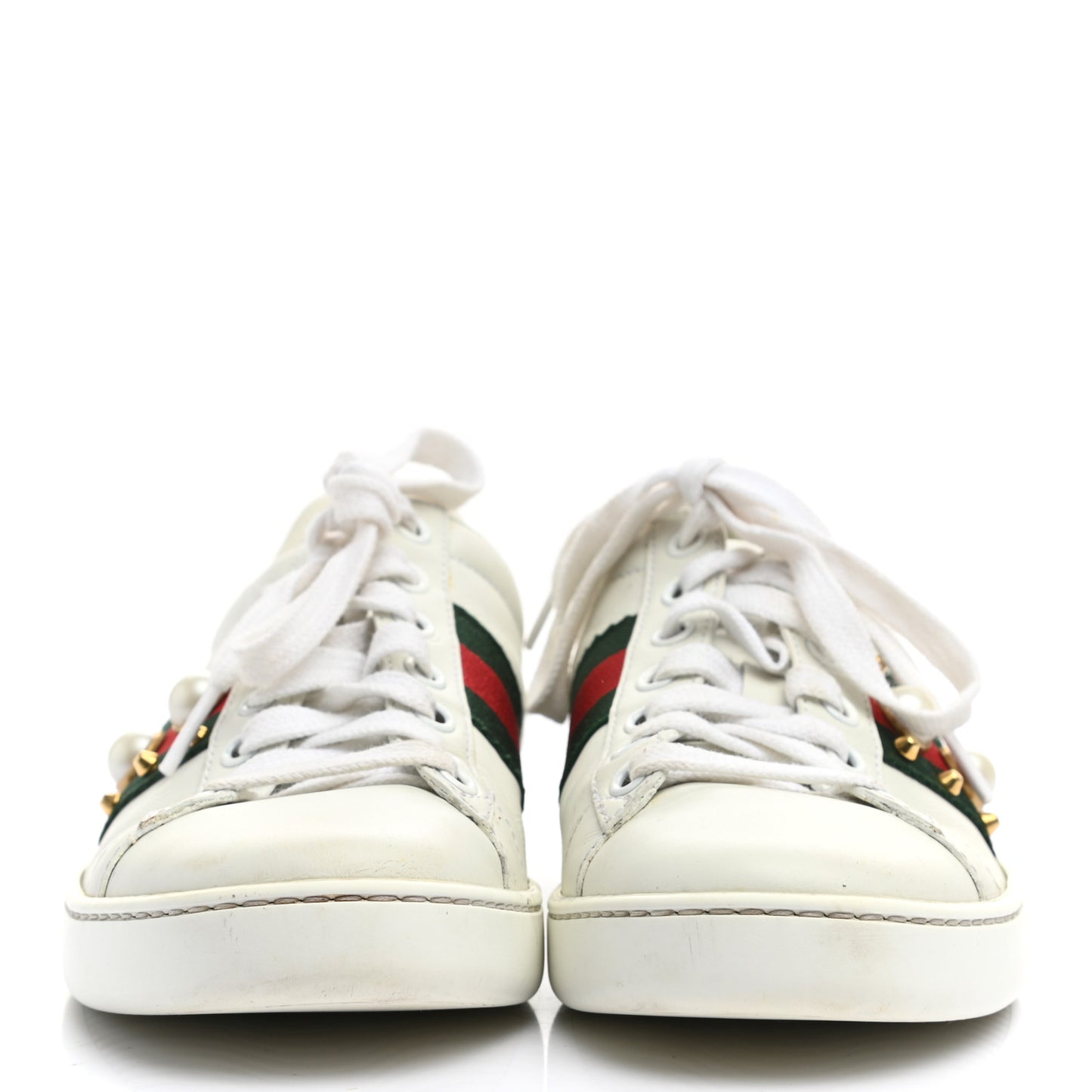Calfskin Web Pearl Studded Womens Ace Sneakers 35 White