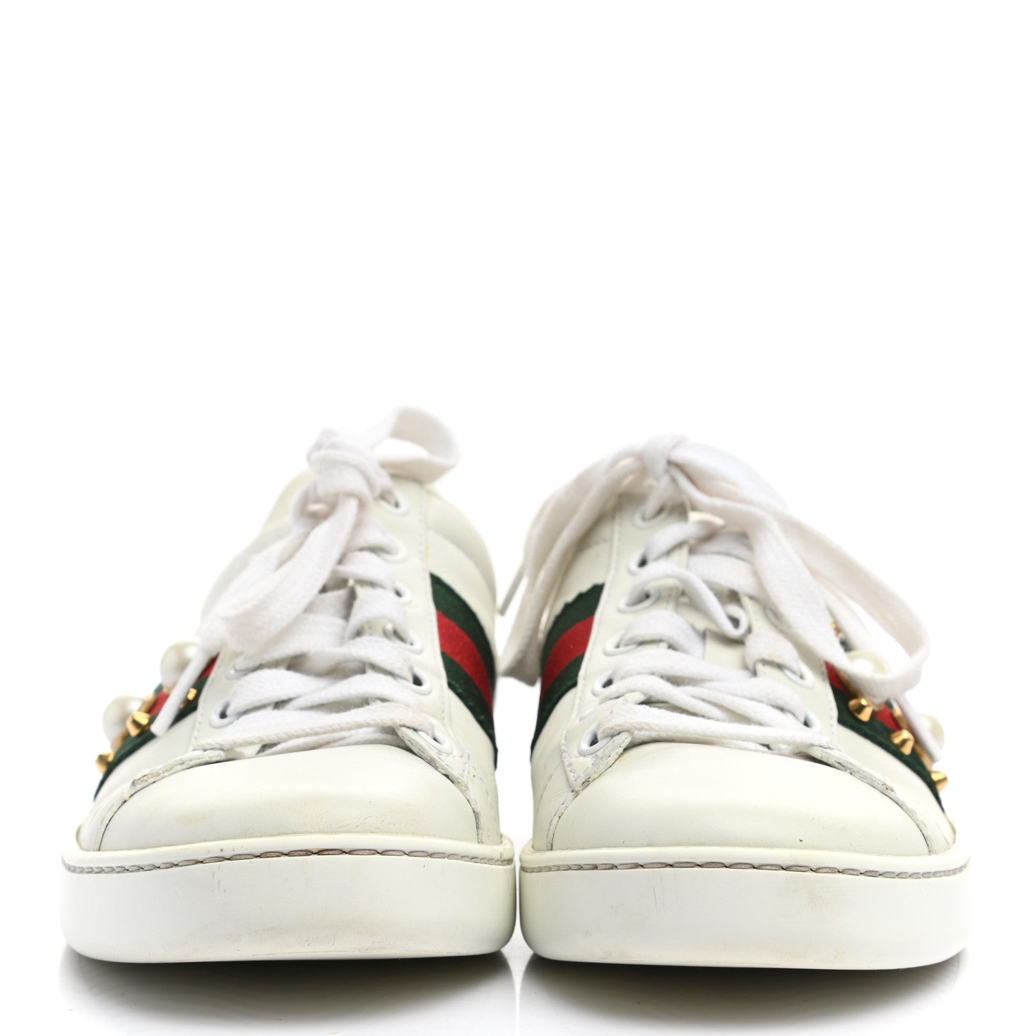 Gucci Calfskin Web Pearl Studded Womens Ace Sneakers 35 White 2 of 13