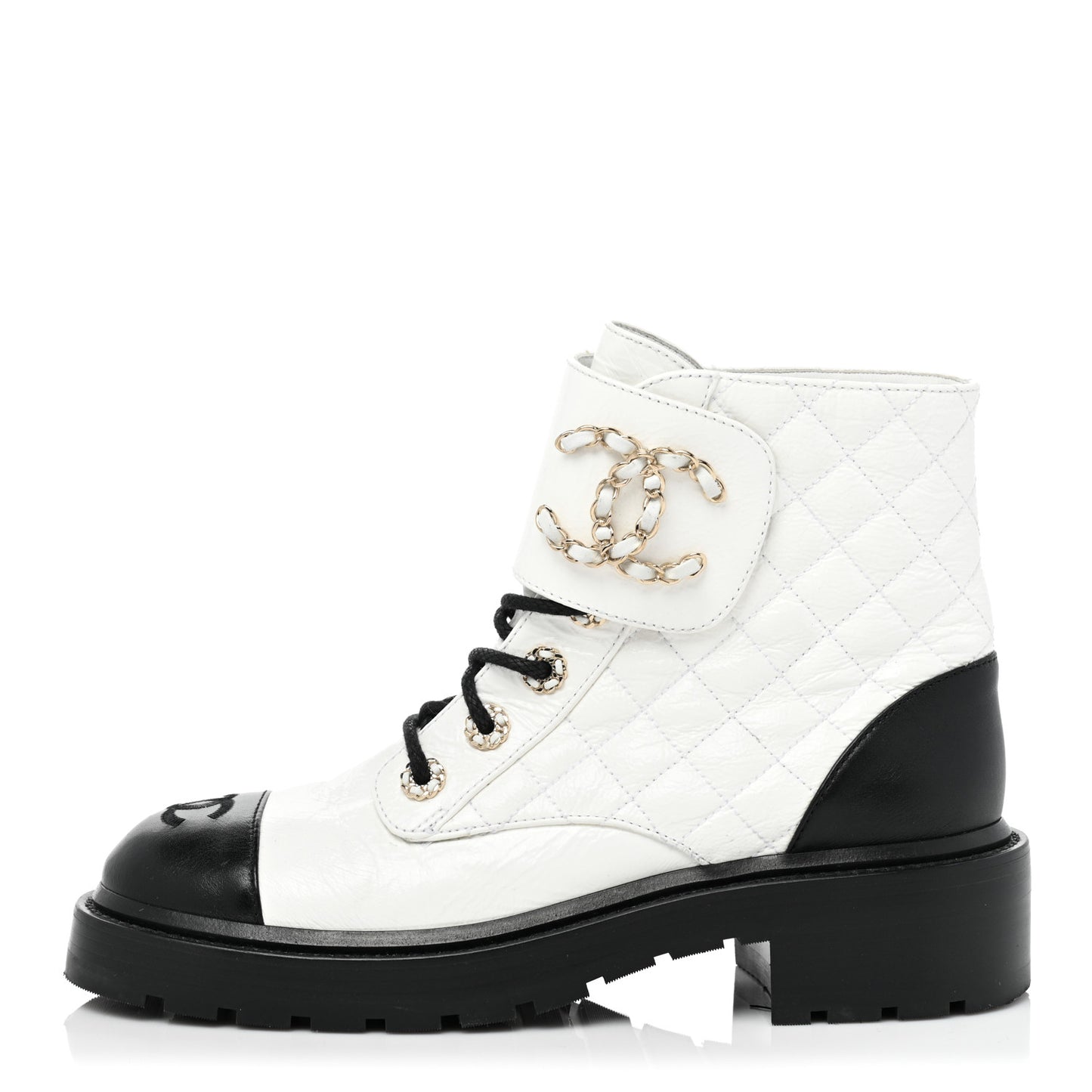 Shiny Goatskin Calfskin Quilted Lace Up Combat Boots 38 Black White