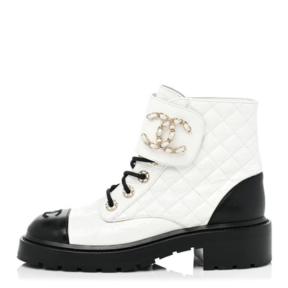 Chanel Shiny Goatskin Calfskin Quilted Lace Up Combat Boots 38 Black White 1 of 9