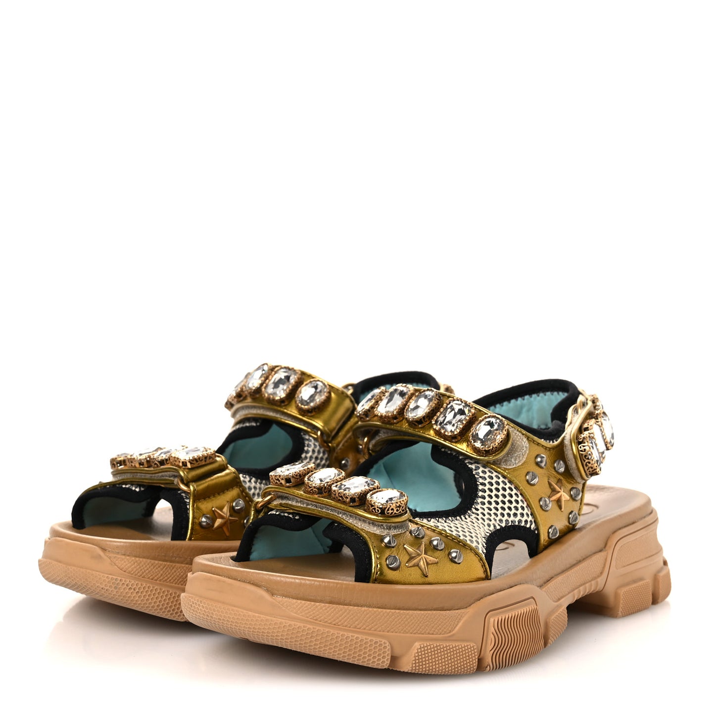 Silk Calfskin Mesh Crystal Embellished Studded Womens Aguru Sandals 38.5 Gold