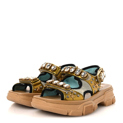 Gucci Silk Calfskin Mesh Crystal Embellished Studded Womens Aguru Sandals 38.5 Gold 4 of 12