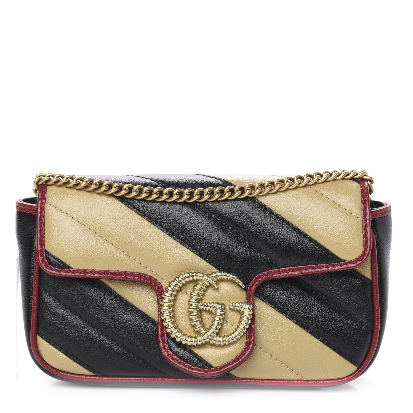 Vintage Effect Calfskin Matelasse Diagonal Striped Super Mini Torchon GG Marmont Shoulder Bag Black Beige