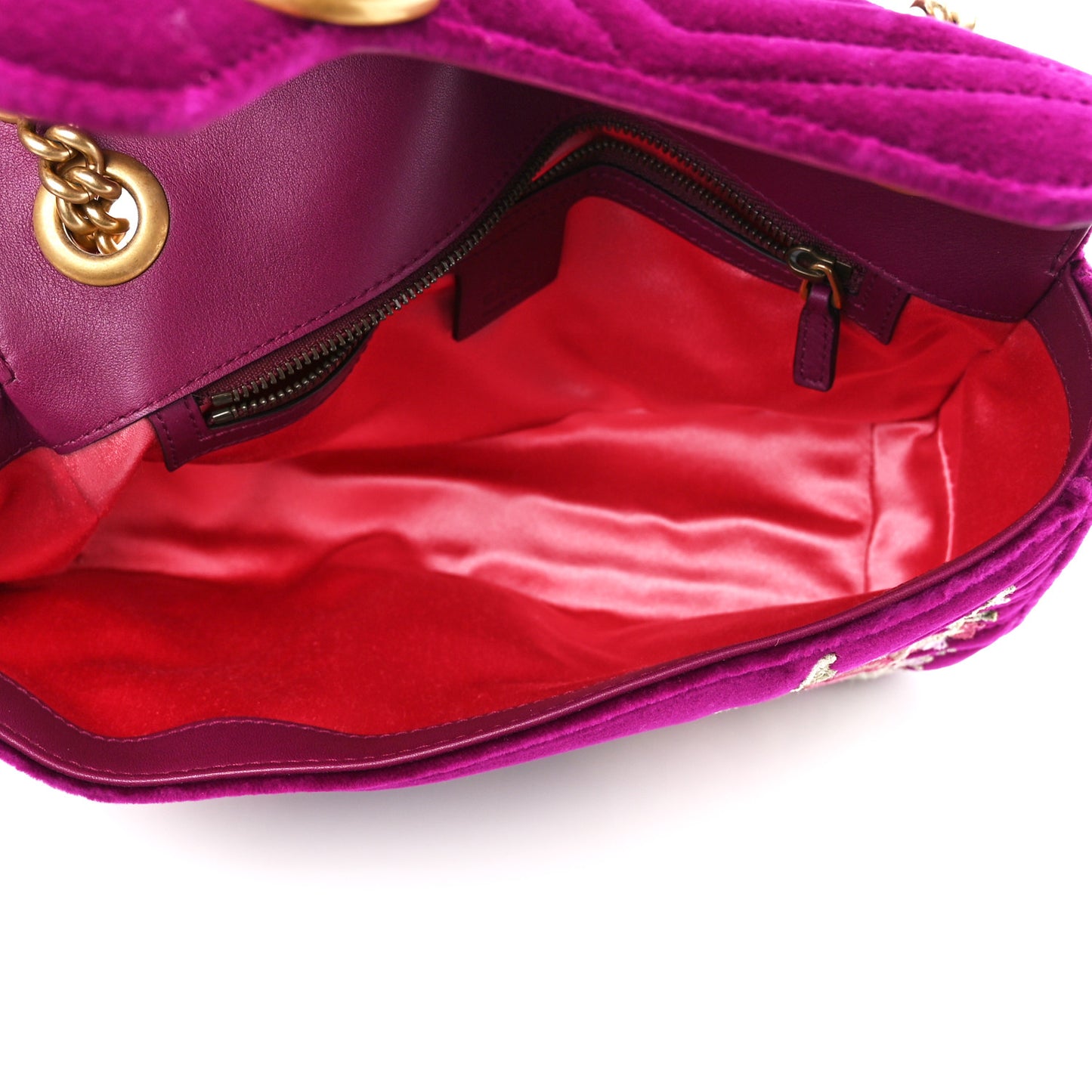 Velvet Matelasse Embroidered Small GG Marmont Shoulder Bag Fuchsia Violet Cyclamen