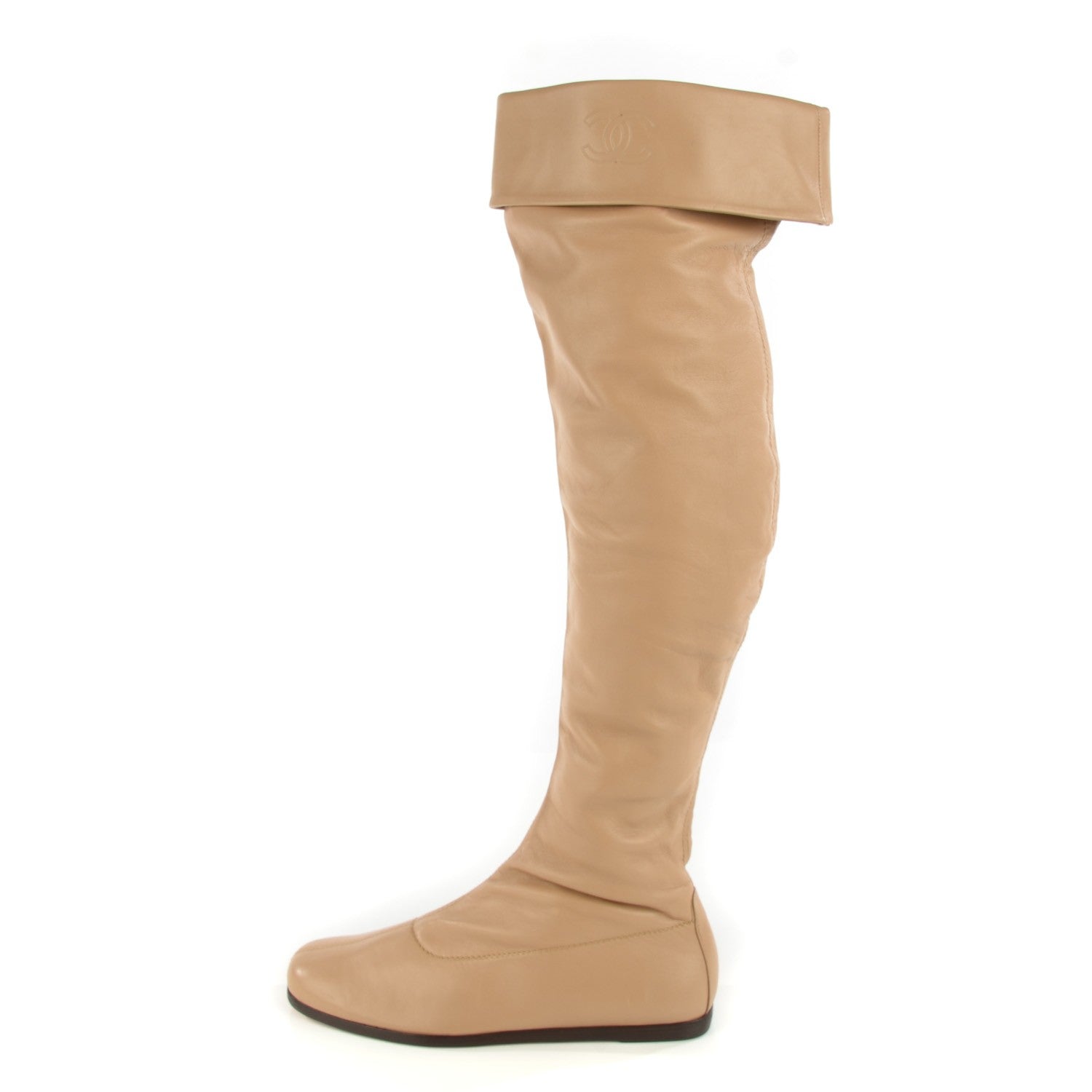 Chanel Lambskin Knee High Boots 38.5 Beige 1 of 8