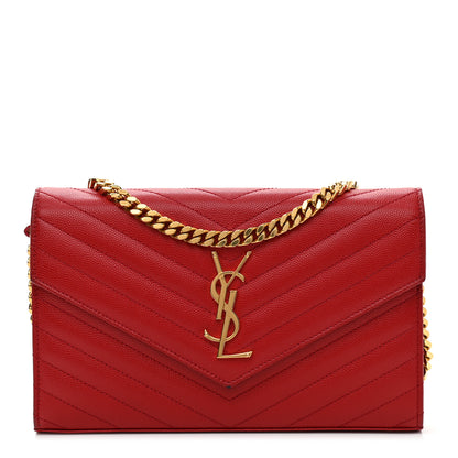 Saint Laurent Grain De Poudre Matelasse Chevron Monogram Chain Wallet Red 1 of 13