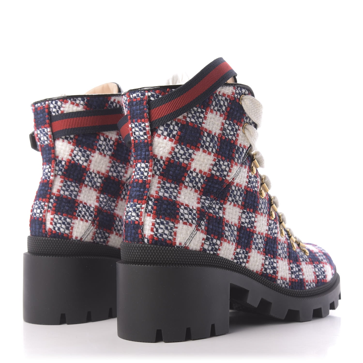 Gucci Vintage Tweed Check Lace Up Combat Ankle Boots 39 White Hibiscus Red Marine 4 of 12