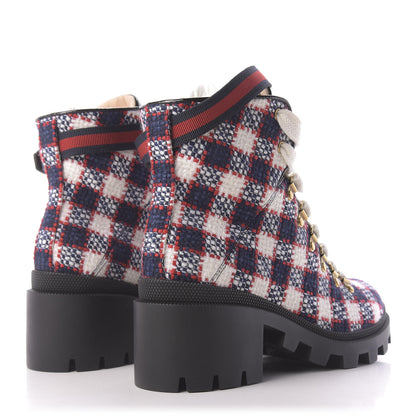 Gucci Vintage Tweed Check Lace Up Combat Ankle Boots 39 White Hibiscus Red Marine 4 of 12