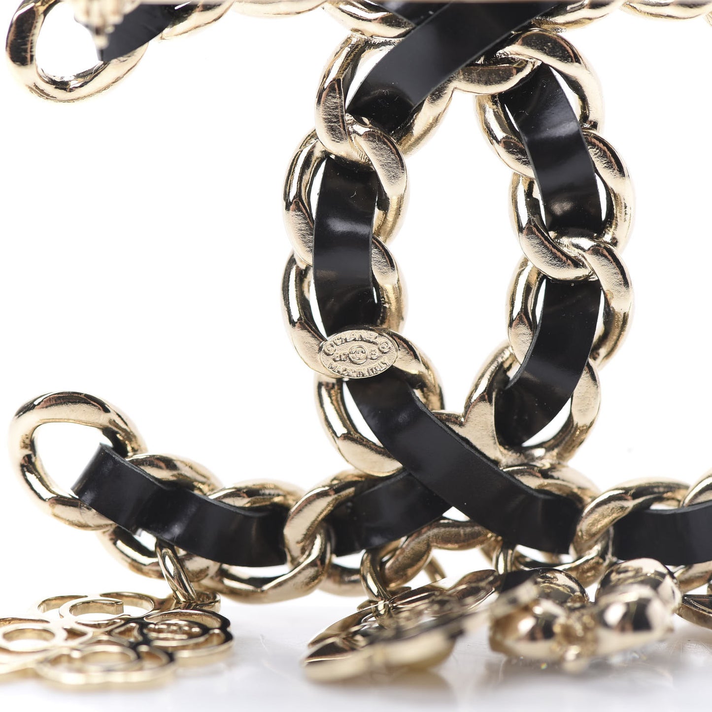 Lambskin Crystal Chain CC Charms Brooch Black Gold