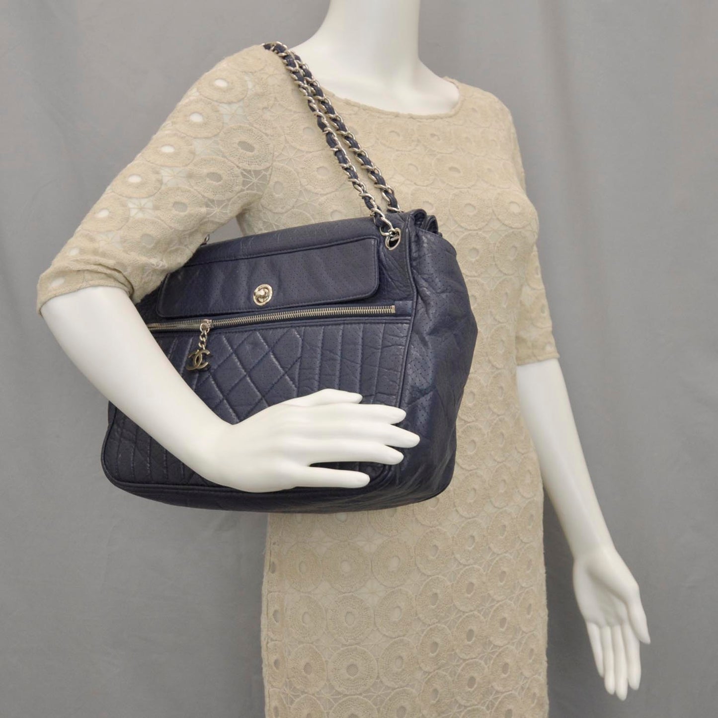 Aged Calfskin Perforated Tote Navy