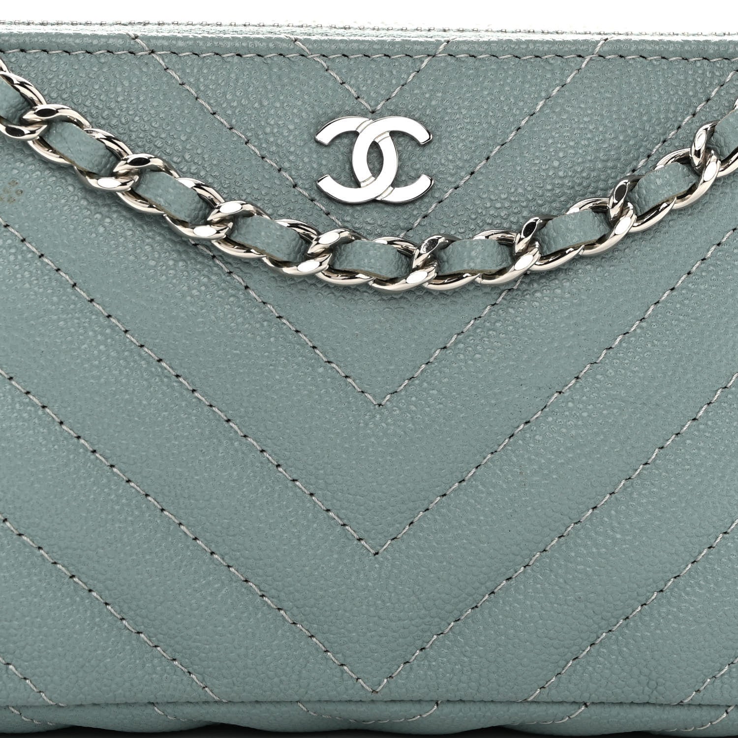 Chanel Caviar Chevron Quilted Small Clutch With Chain Light Blue 9 of 11