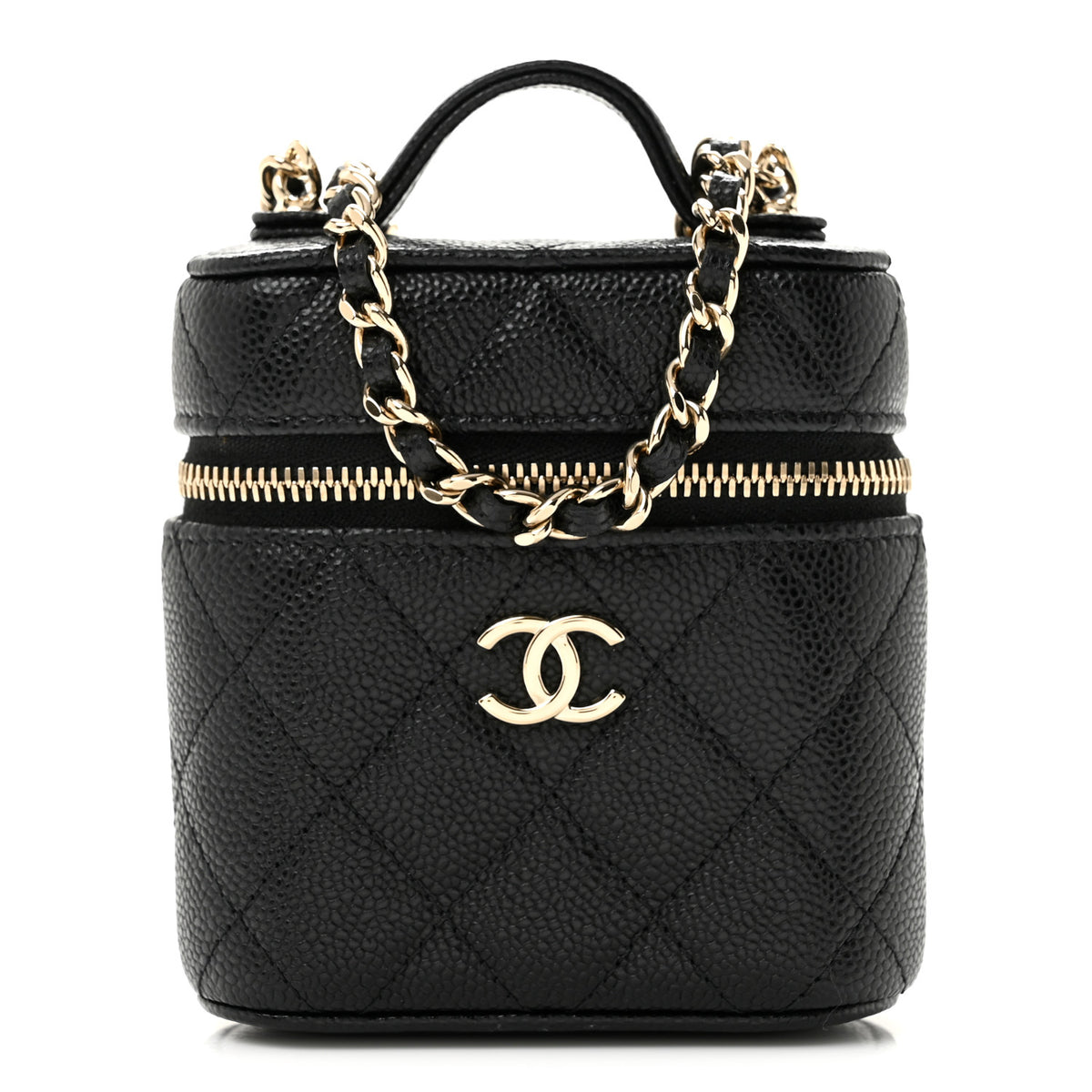 Caviar Quilted Small Handle With Care Vanity Case With Chain Black