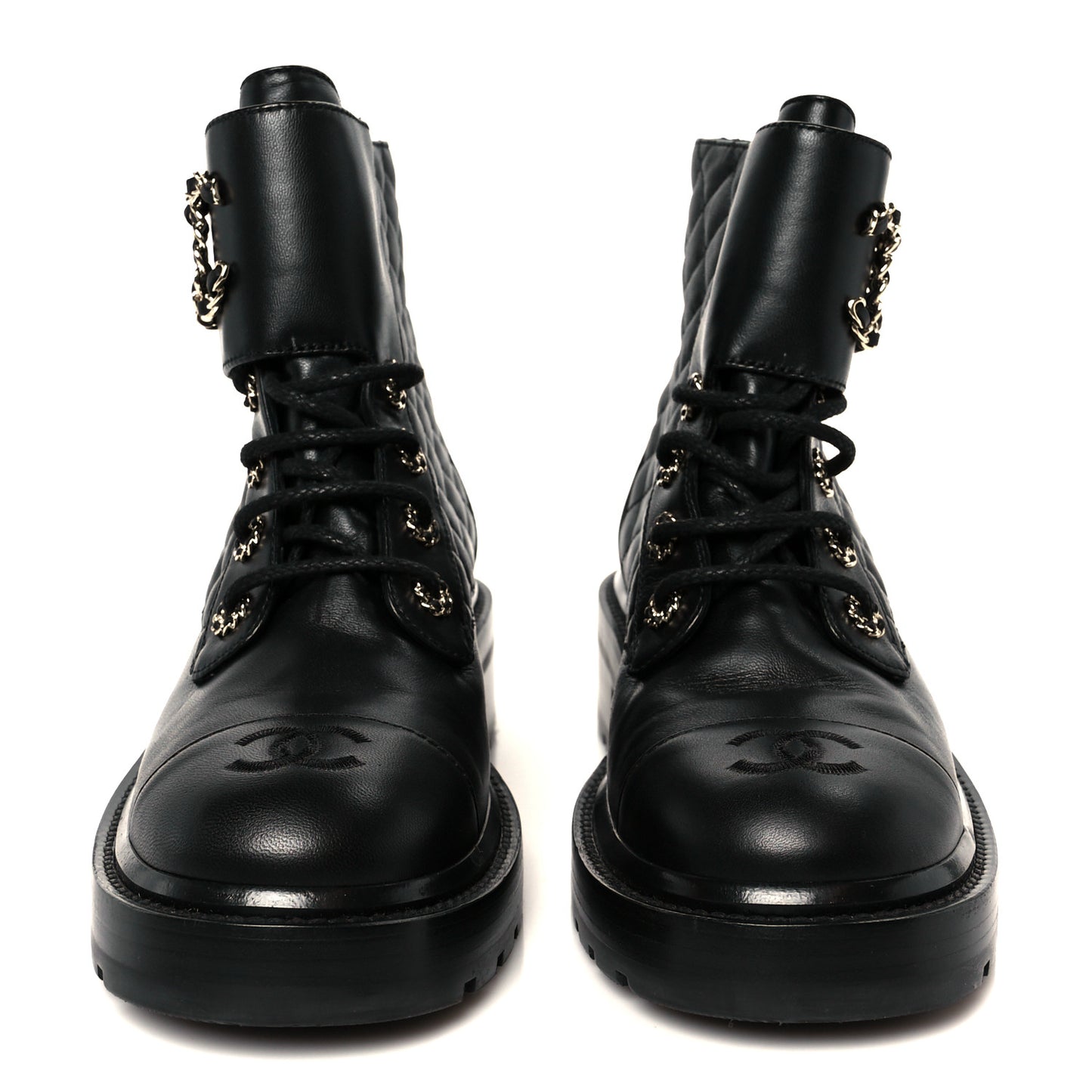 Shiny Lambskin Quilted Lace Up Combat Boots 39 Black