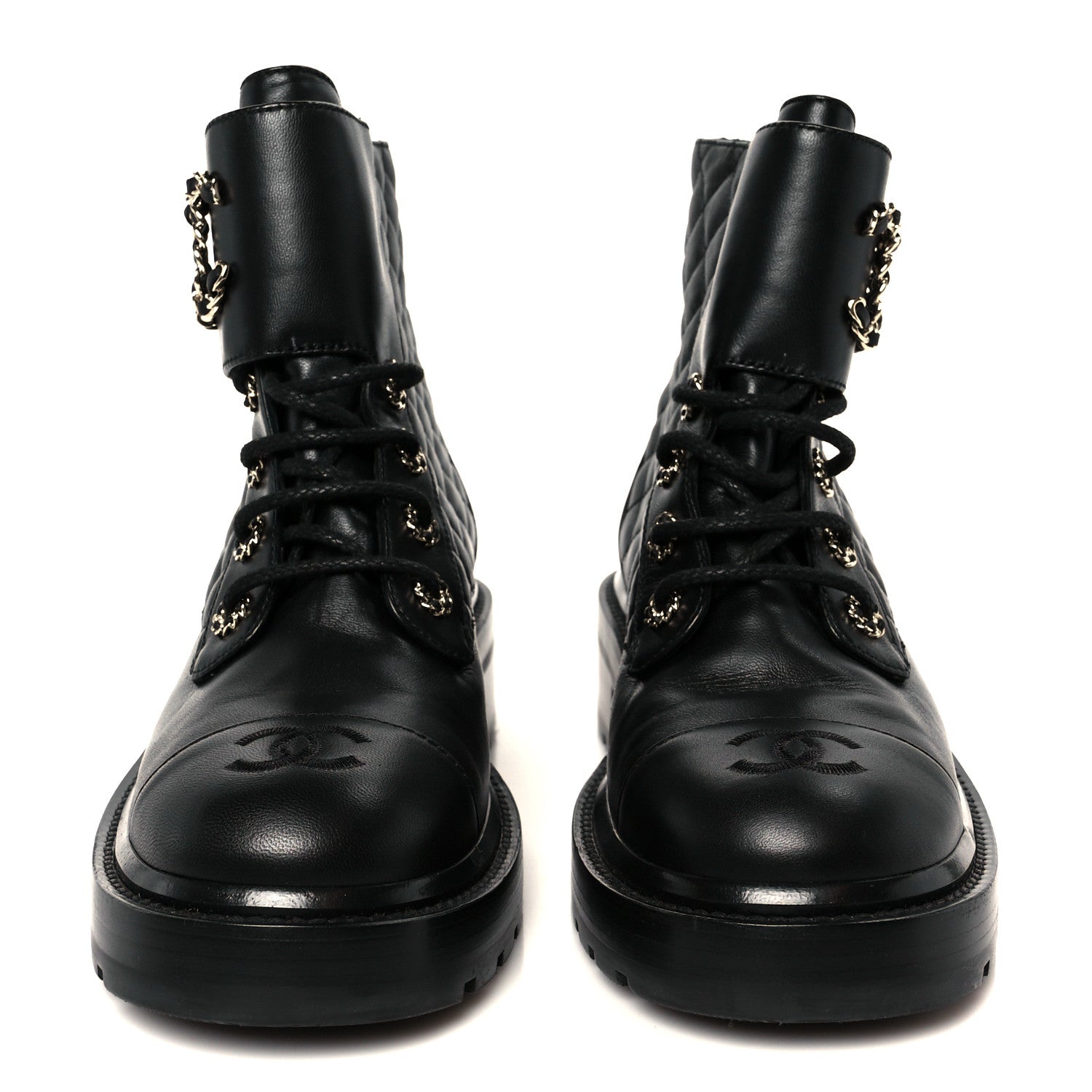 Chanel Shiny Lambskin Quilted Lace Up Combat Boots 39 Black 3 of 11