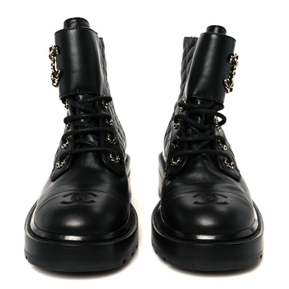 Chanel Shiny Lambskin Quilted Lace Up Combat Boots 39 Black 3 of 11