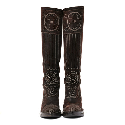Louis Vuitton Suede Cowboy Knee High Tall Boots 36.5 Brown 2 of 19