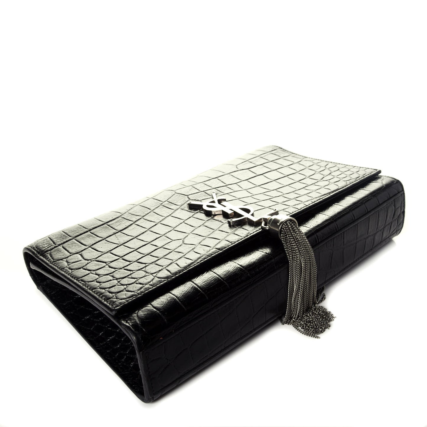 Calfskin Crocodile Embossed Medium Classic Monogram Kate Tassel Satchel Black