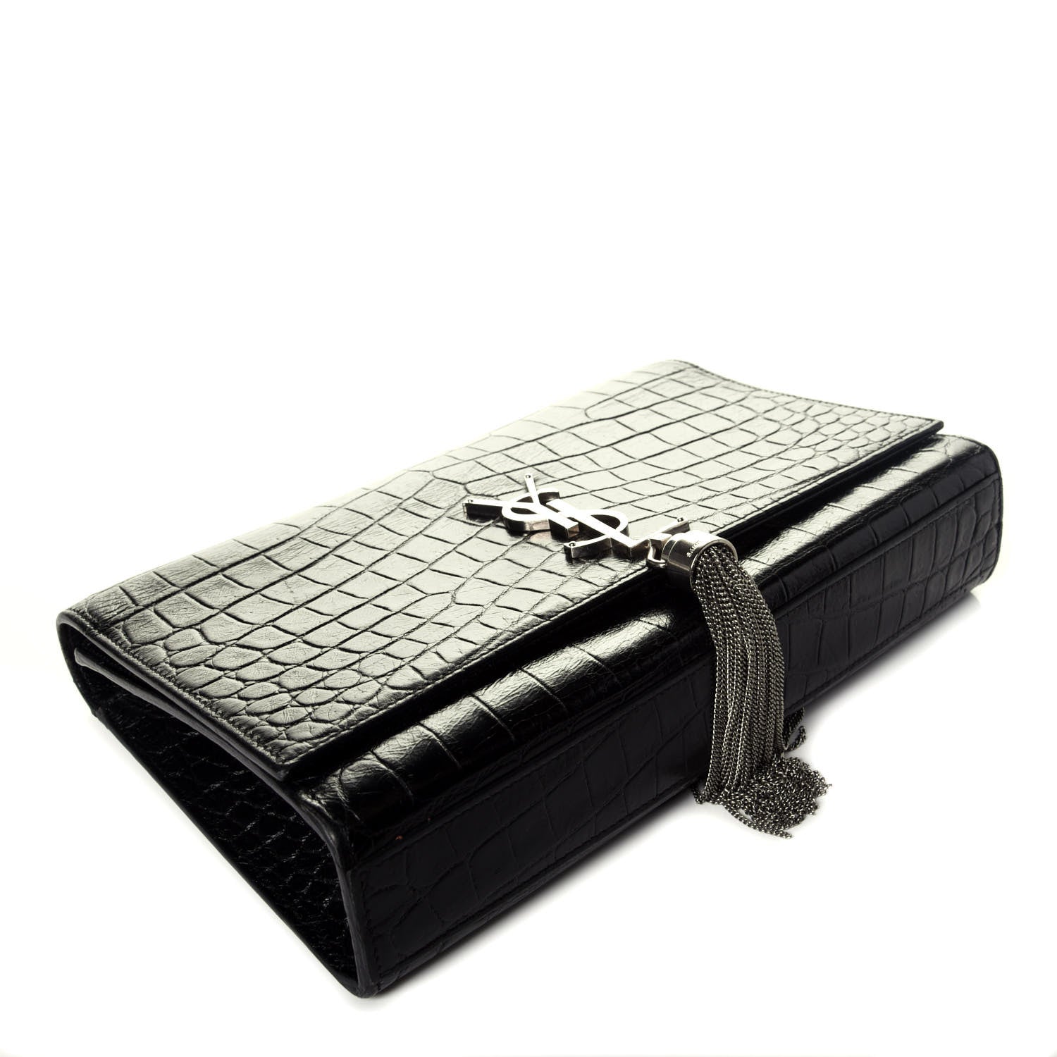 Saint Laurent Calfskin Crocodile Embossed Medium Classic Monogram Kate Tassel Satchel Black 4 of 8