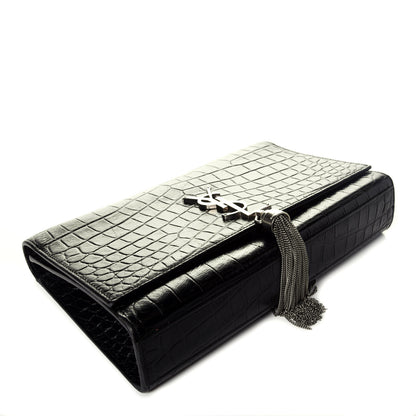 Saint Laurent Calfskin Crocodile Embossed Medium Classic Monogram Kate Tassel Satchel Black 4 of 8