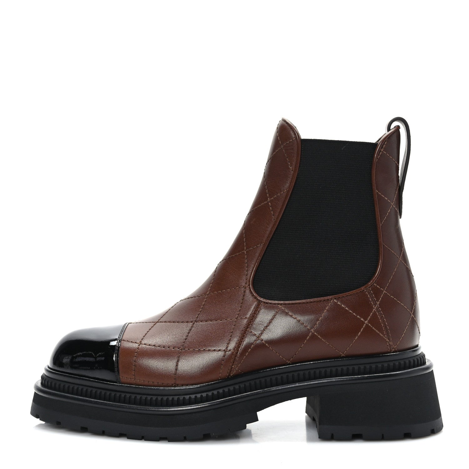 Chanel Calfskin Patent Cap Toe Quilted Short Boots 37 Brown Black 1 of 7