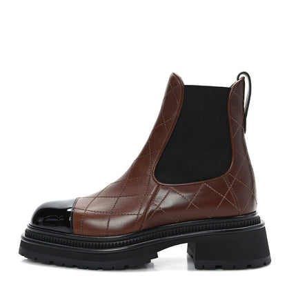 Chanel Calfskin Patent Cap Toe Quilted Short Boots 37 Brown Black 1 of 7