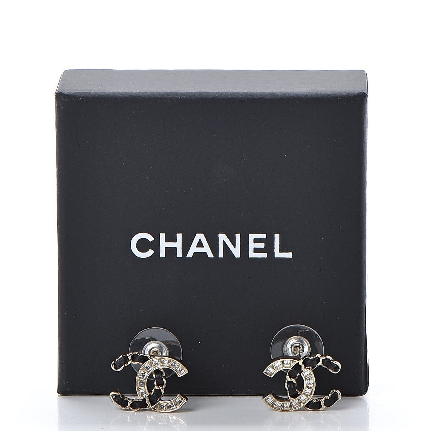 Crystal Baguette Lambskin Chain CC Vintage Allure Stud Earrings Black Gold