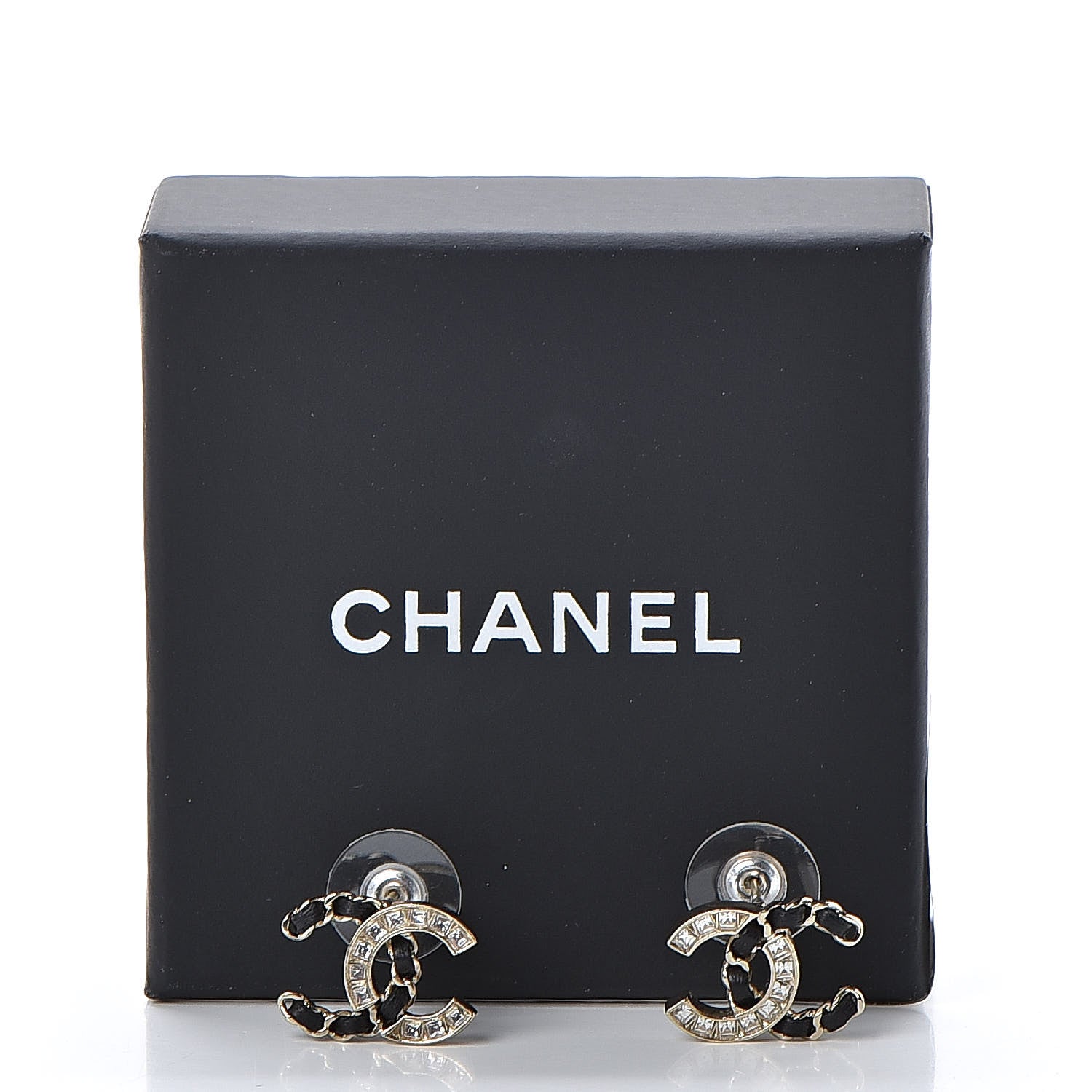 Chanel Crystal Baguette Lambskin Chain CC Vintage Allure Stud Earrings Black Gold 5 of 5