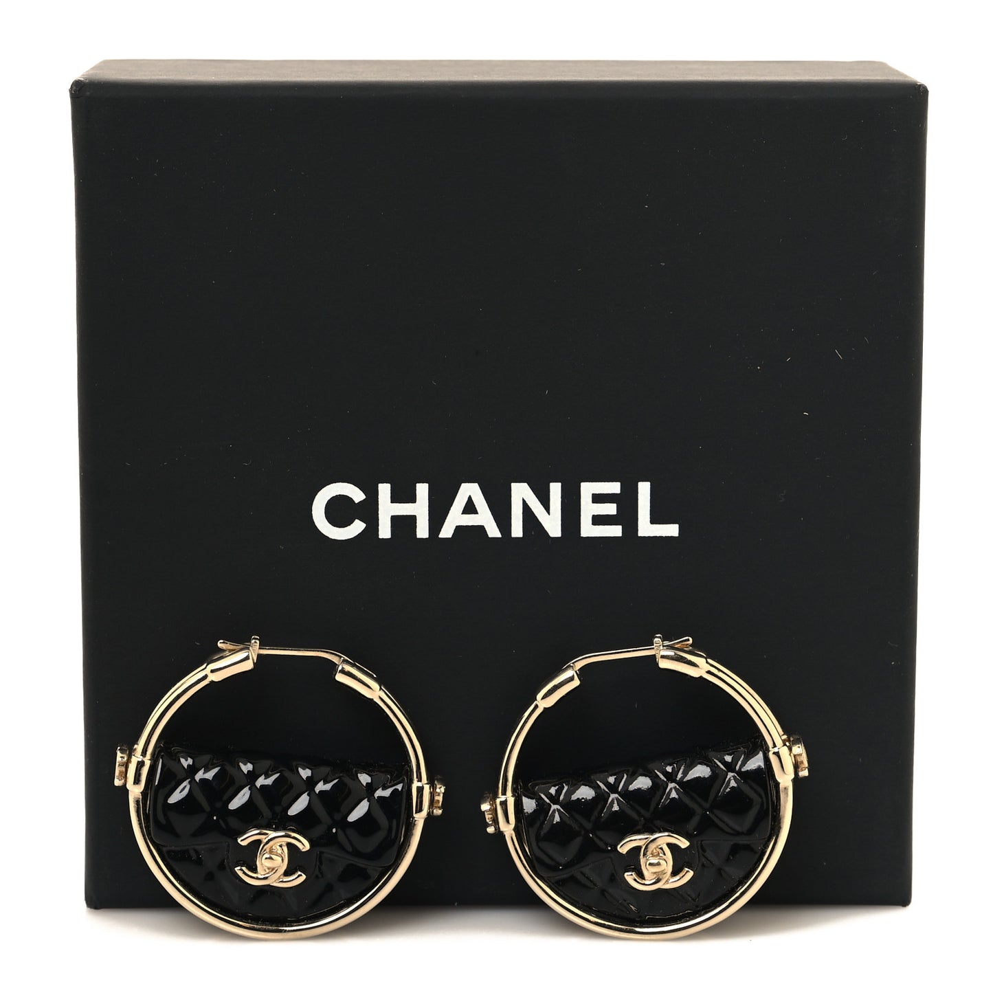 Metal Resin Quilted Flap Bag Hoop Earrings Black Gold
