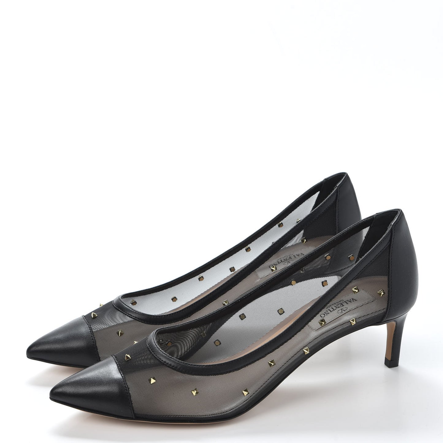 Mesh Embellished Shining Rockstud Low Heel Pumps 38.5 Black