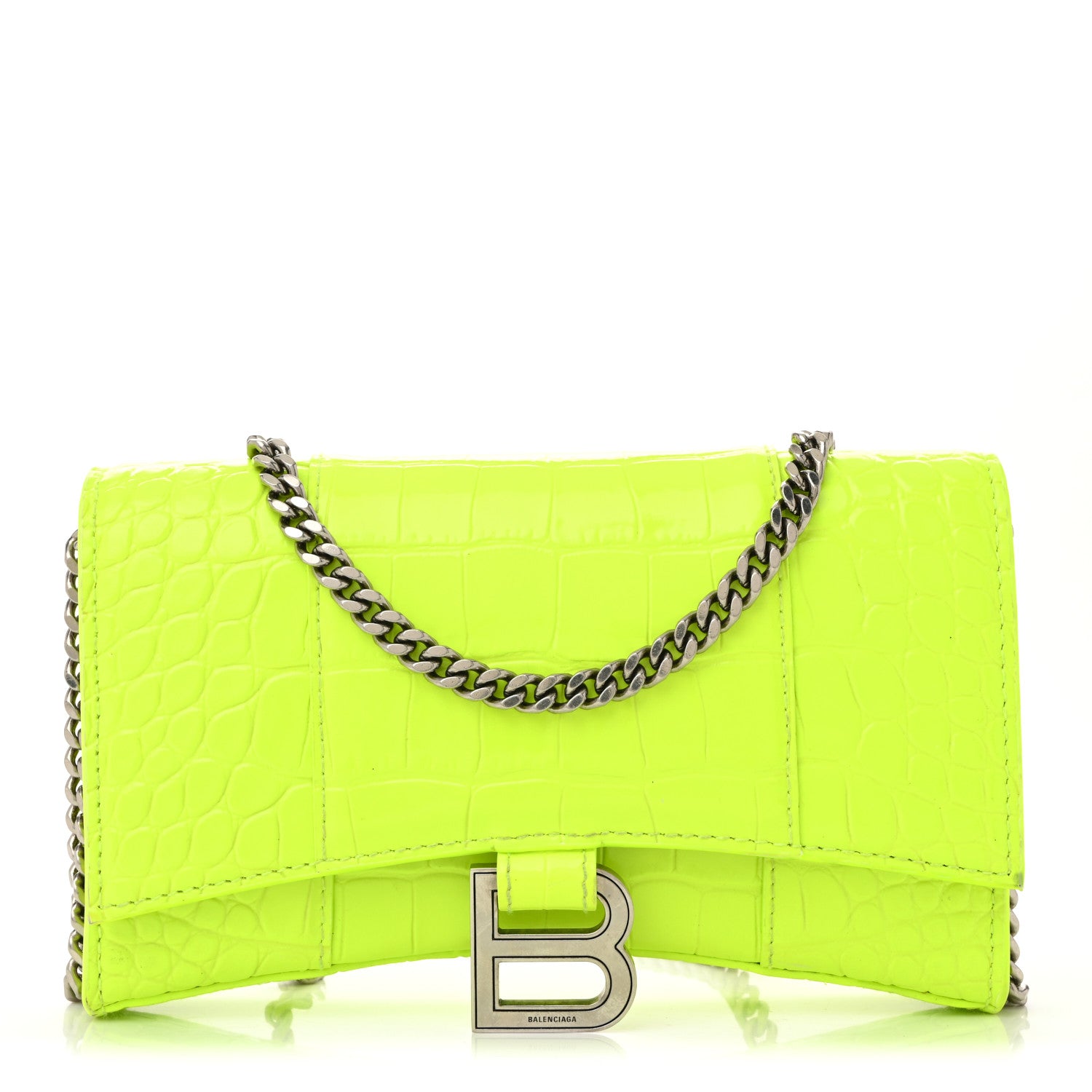 Balenciaga Shiny Calfskin Crocodile Embossed Hourglass Chain Bag Fluo Yellow 1 of 10