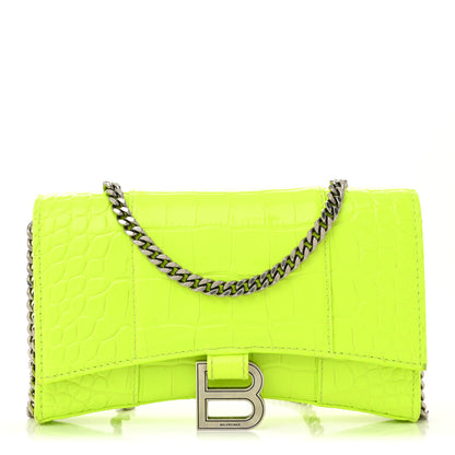Balenciaga Shiny Calfskin Crocodile Embossed Hourglass Chain Bag Fluo Yellow 1 of 10