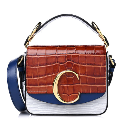 Chloe Calfskin Crocodile Lizard Embossed Mini C Double Carry Blue Brown 1 of 10