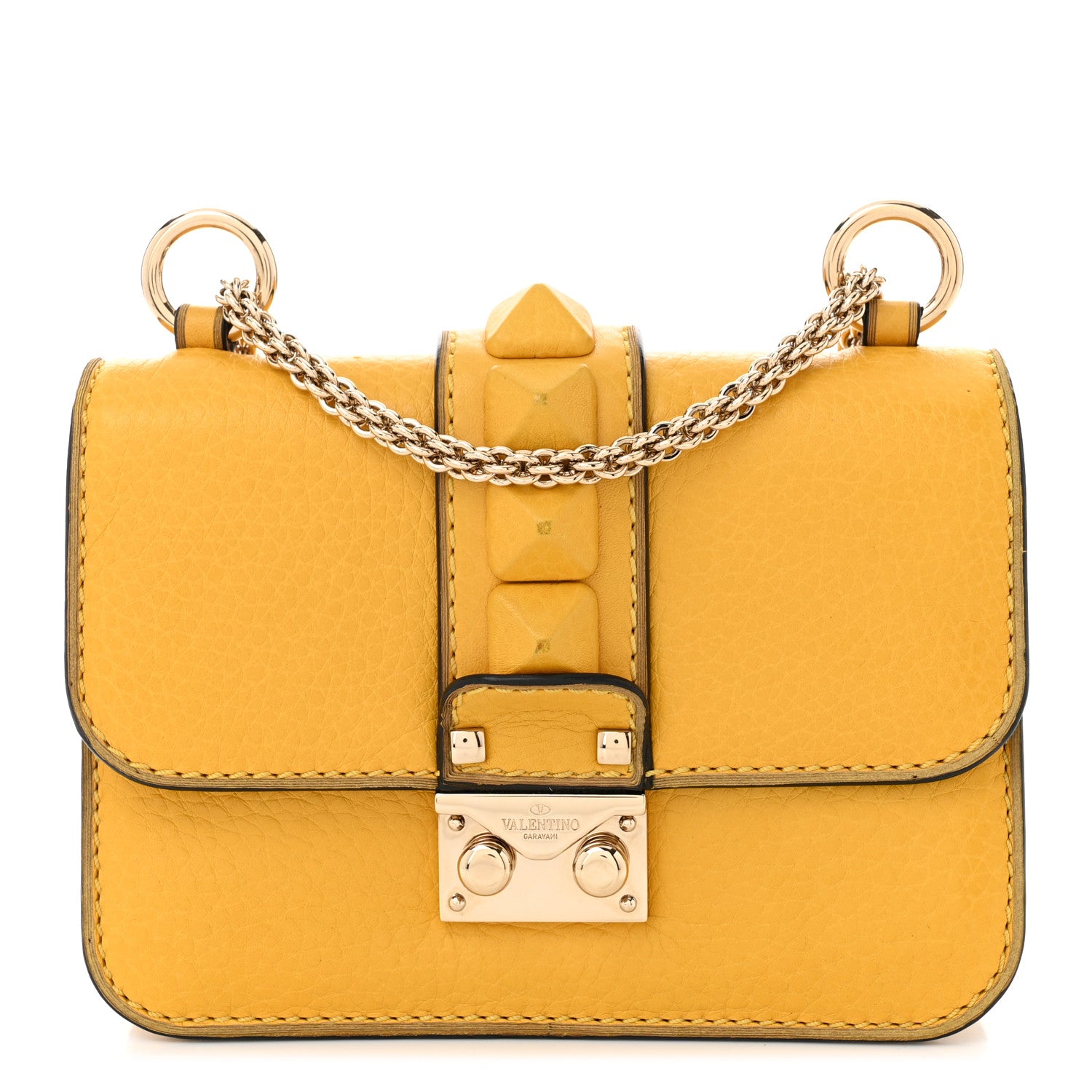 Valentino Garavani Pebbled Calfskin Mini Glam Lock Rockstud Flap Yellow 1 of 11