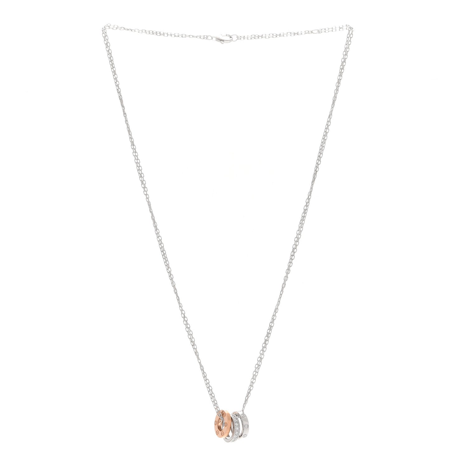 Cartier 18K White Pink Gold Diamond Three Ring LOVE Necklace 3 of 10