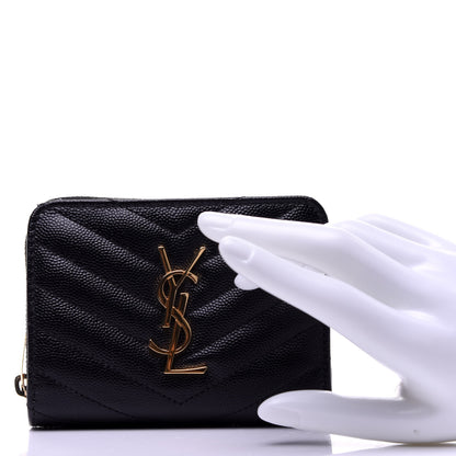 Saint Laurent Grain De Poudre Matelasse Chevron Monogram Compact Zip Around Wallet Black 2 of 9