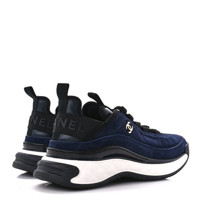 Chanel Suede Calfskin Nylon Grosgrain CC Sneakers 37.5 Navy Blue 4 of 10