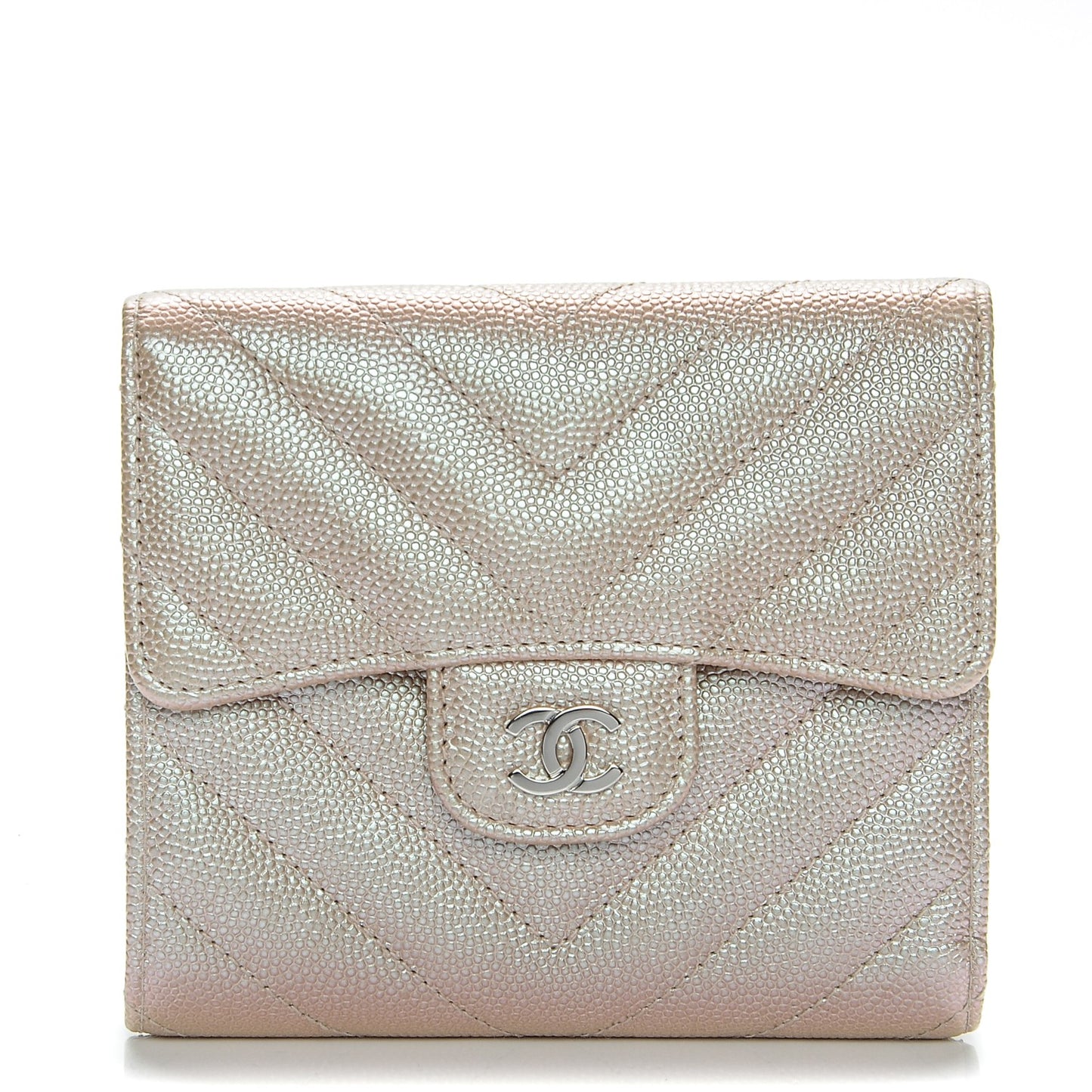 Metallic Caviar Chevron Quilted Compact Flap Wallet Light Gold