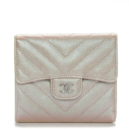 Chanel Metallic Caviar Chevron Quilted Compact Flap Wallet Light Gold 1 of 10