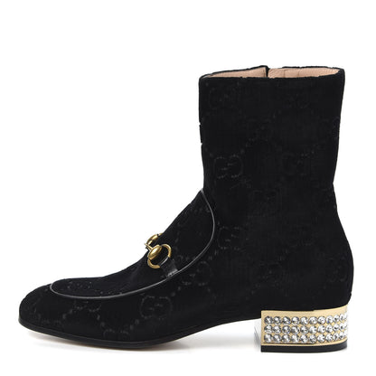 Gucci Velvet GG Monogram Crystal Horsebit Ankle Boots 38 Black 1 of 9
