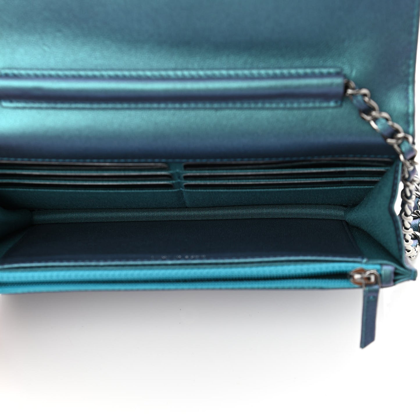 Metallic Lambskin Wallet On Chain WOC Turquoise
