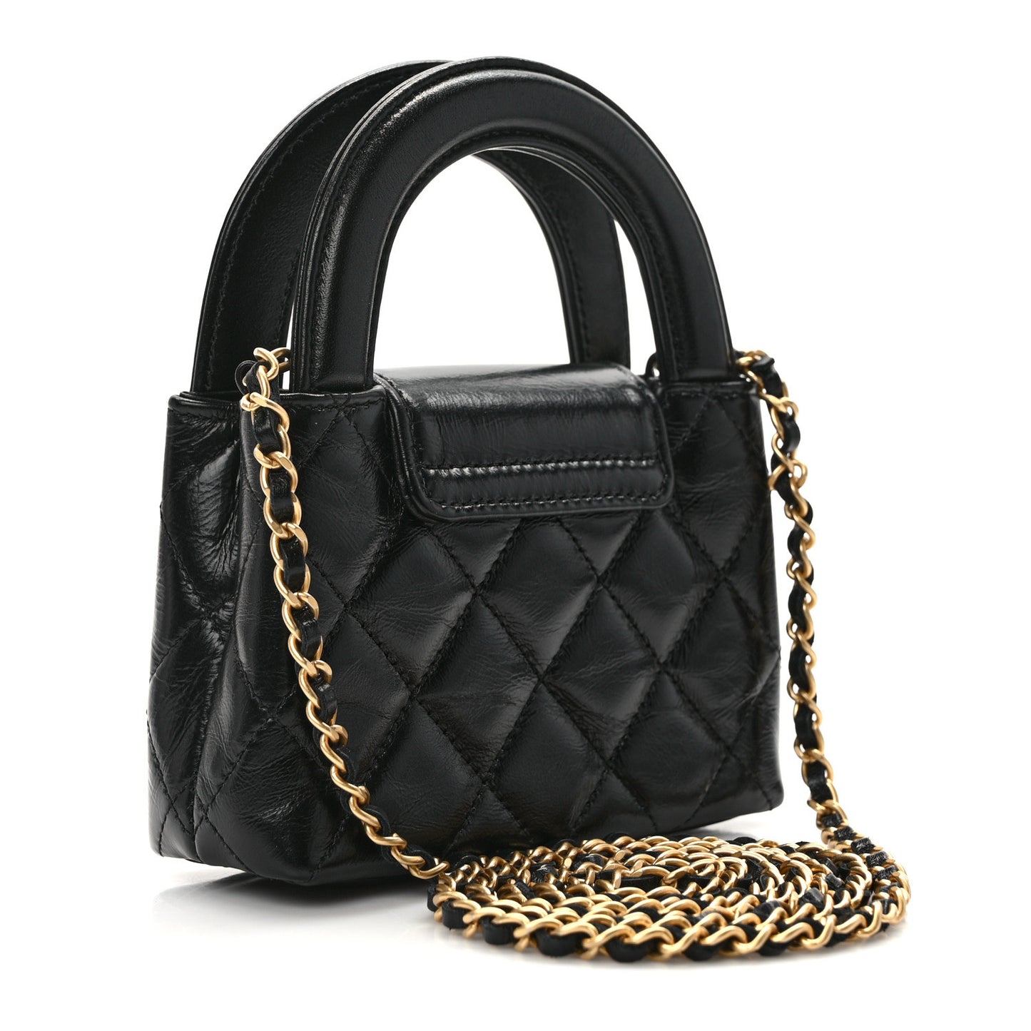 Shiny Aged Calfskin Quilted Mini Nano Kelly Shopper Black
