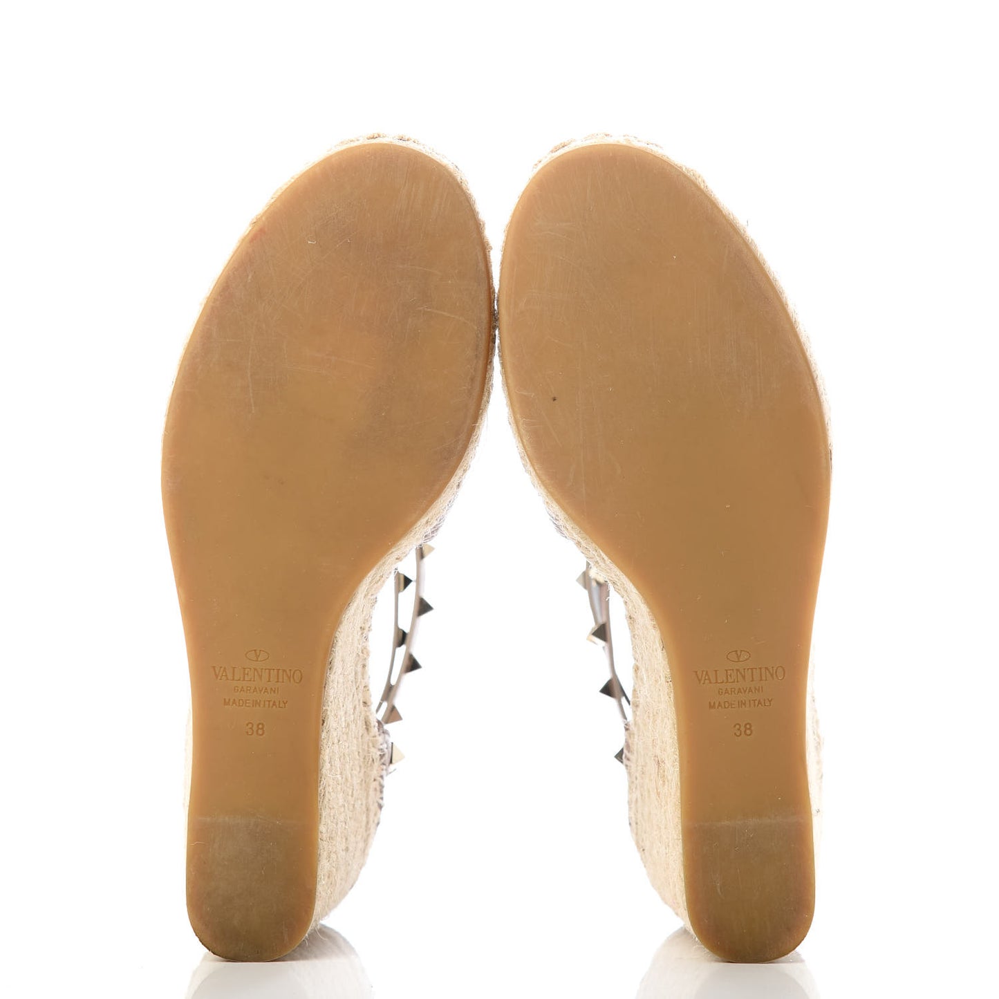 Grained Calfskin Rockstud Ankle Wrap Espadrille 15/85mm Wedges 38 Poudre Natural